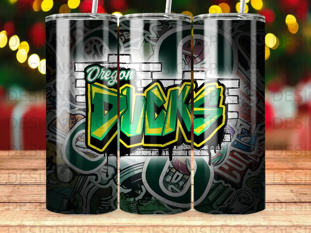 Oregon Ducks logo with brick pattern and graffiti elements on a tumbler.