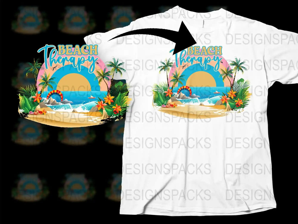 Beach Therapy T-Shirt Tropical Sunset Palm Trees Graphic Tee Summer Vacation Island Design Unisex Fashion Top
