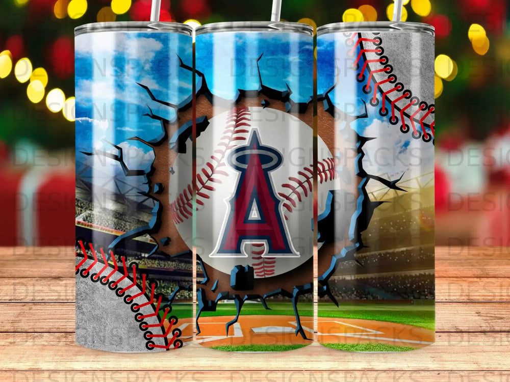 Baseball stadium with cracked wall revealing Los Angeles Angels logo.