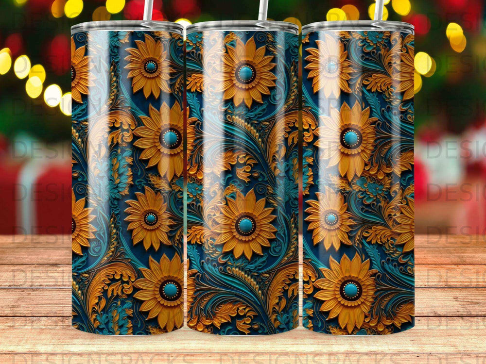 Dark blue tumbler with repeating golden floral pattern.