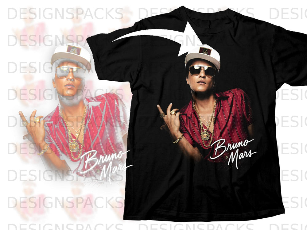 Black t-shirt featuring a graphic of Bruno Mars with his name below.