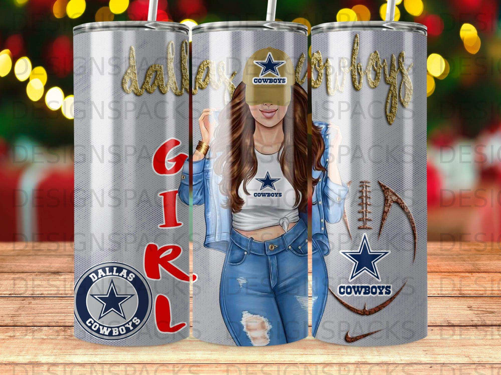 Dallas Cowboys tumbler with girl wearing Cowboys gear.