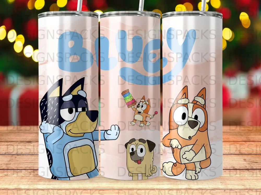Bluey and Bingo characters on a blue and pink tumbler with colorful dog toys.