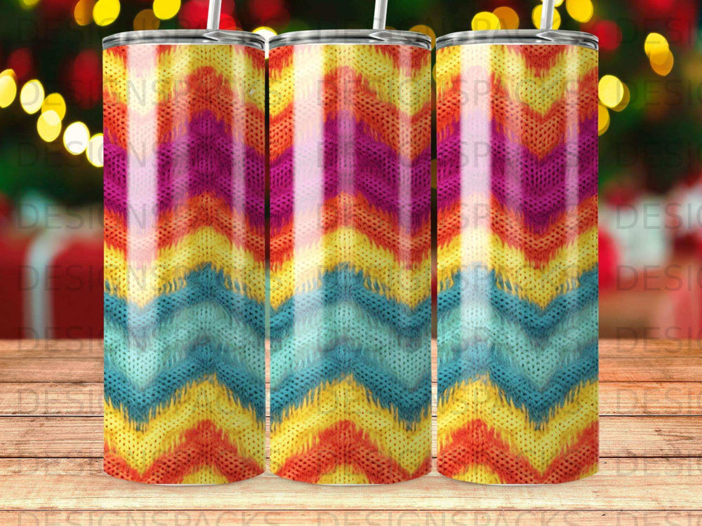 Three tumblers with a colorful chevron zigzag pattern.