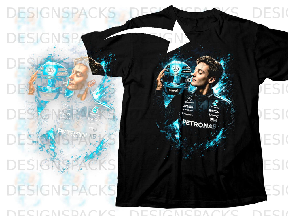 George Russell in Mercedes F1 gear holding helmet, digital art design on black t-shirt.