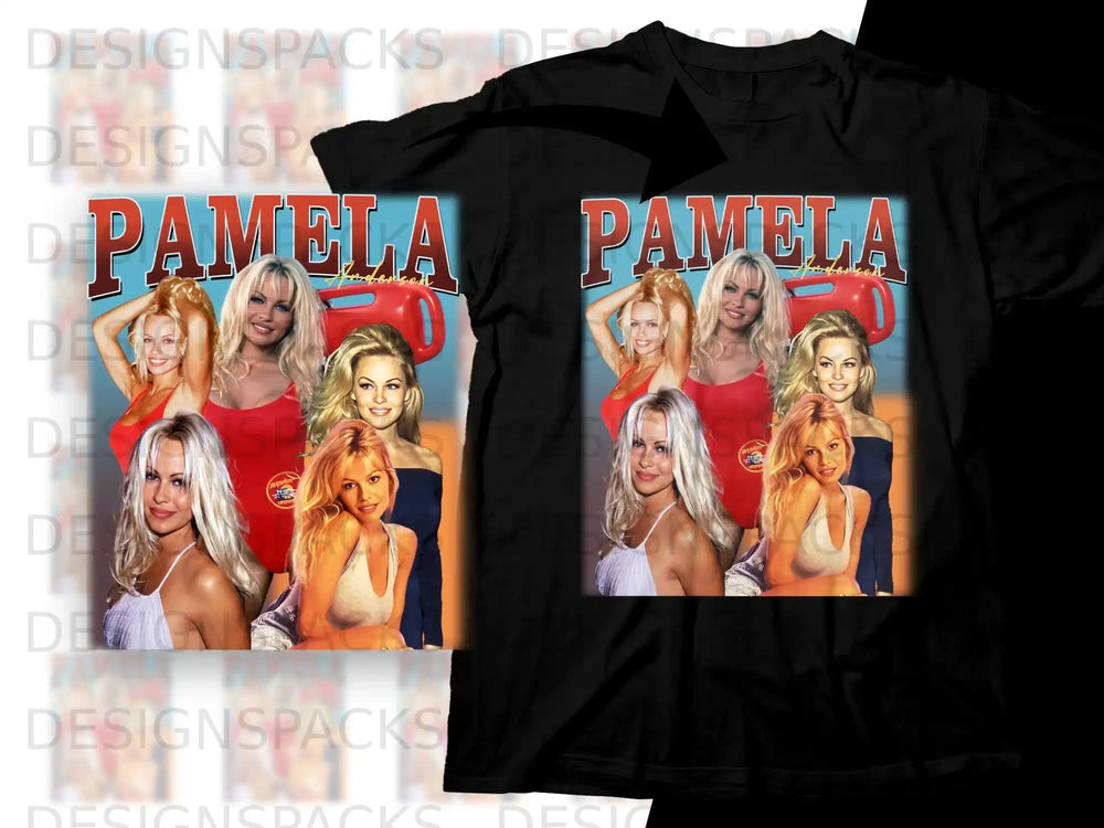 Pamela Anderson on vintage Baywatch style t-shirt with red lettering.