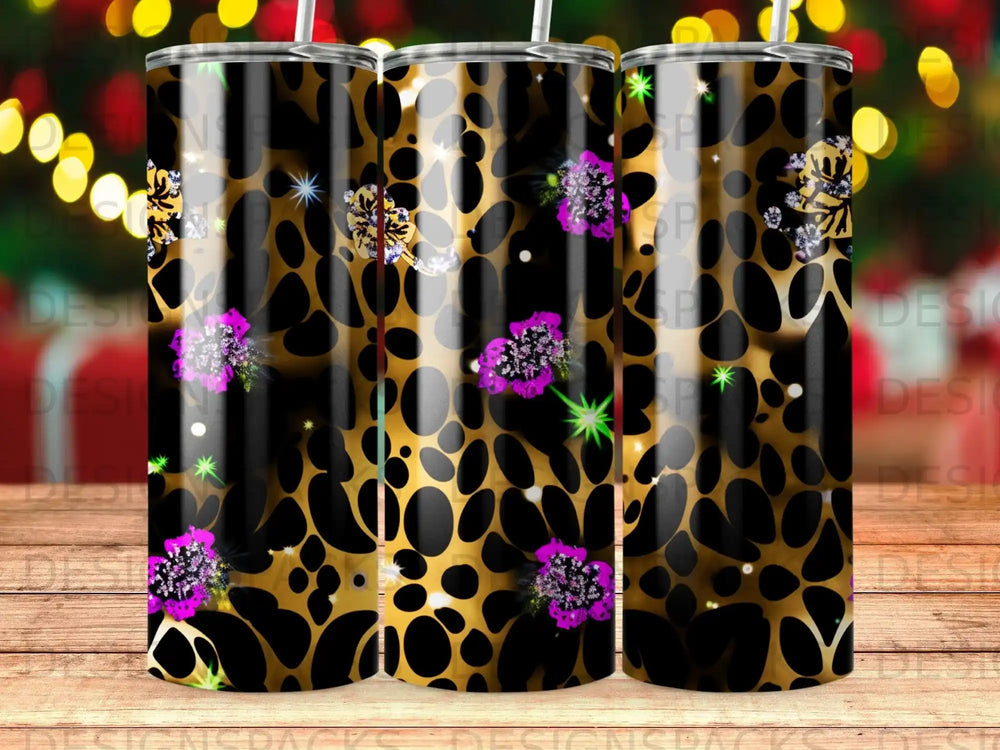 Gold leopard print tumbler with purple floral and green star accents.
