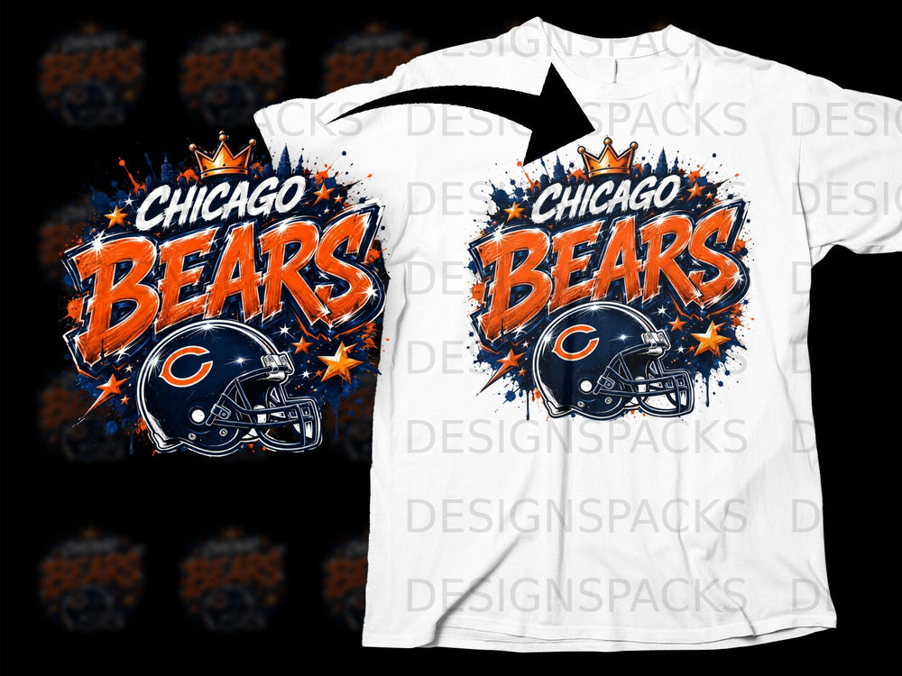 Chicago Bears helmet with crown and stars, on a white t-shirt.