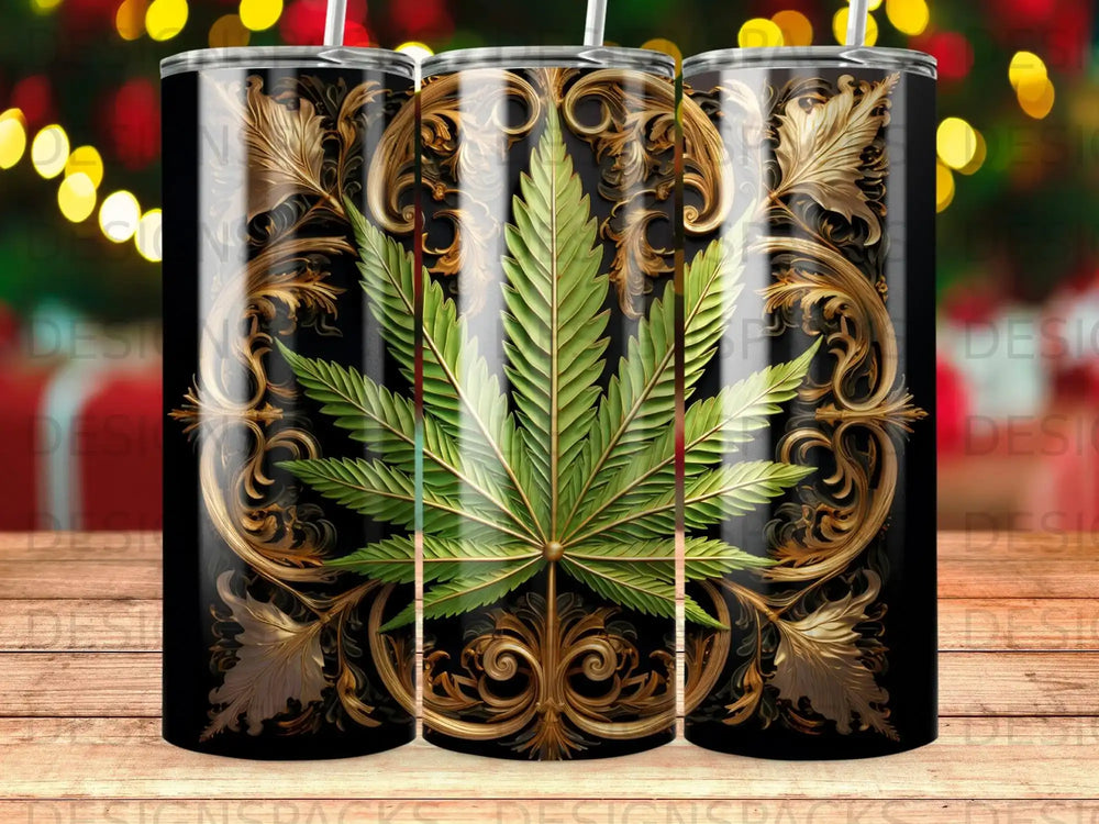 Black tumbler with a green marijuana leaf and gold ornate detailing.
