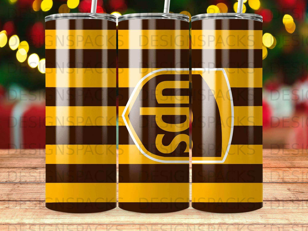 UPS logo on a brown and yellow striped tumbler.