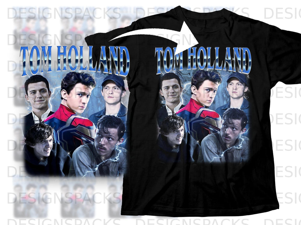 Black t-shirt with montage of Tom Holland images and "TOM HOLLAND" text.