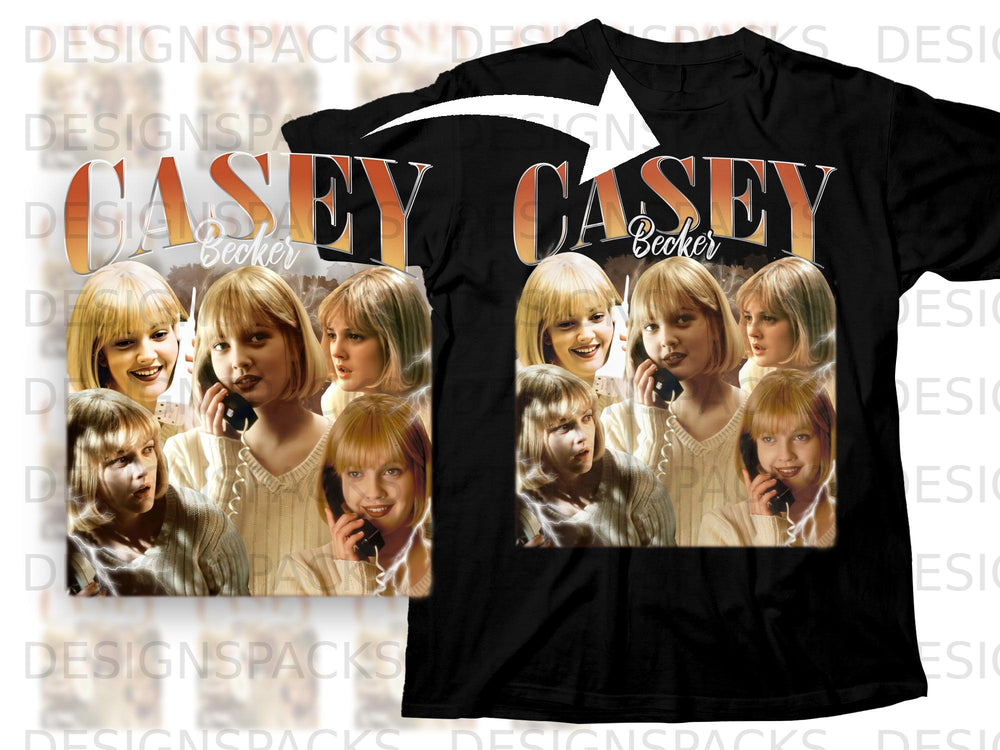 T-shirt graphic with "CASEY Becker" text and a collage of Ghostface victim faces.