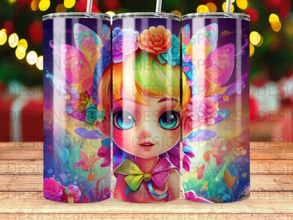 Brightly colored tumbler with fairy girl illustration and floral accents.