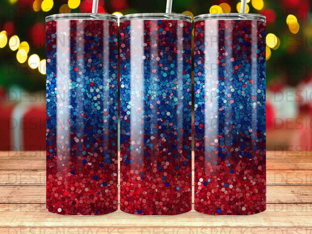 Red and blue glitter pattern on three tumblers.