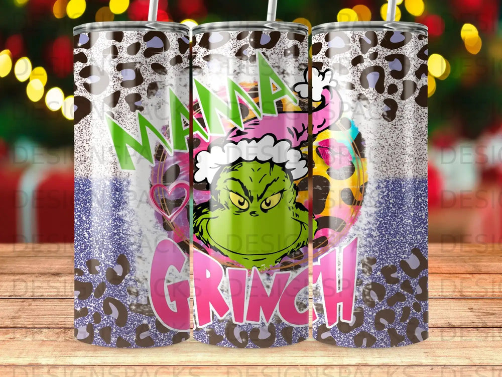 Grinch tumbler with pink hat, leopard print, and "Mama Grinch" text.
