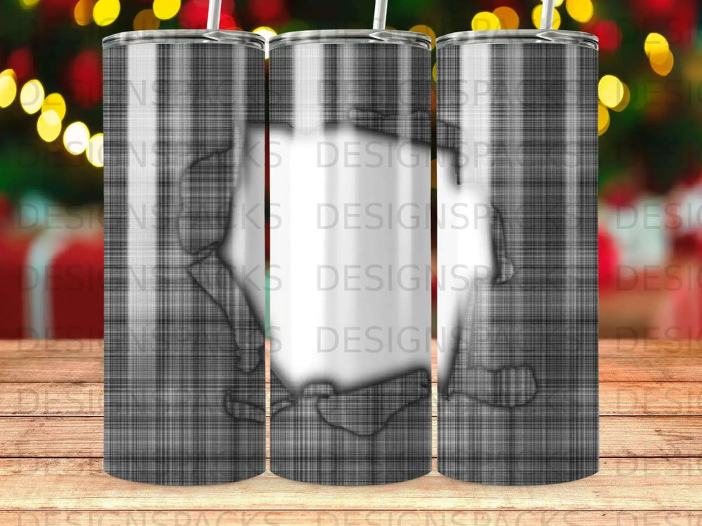 Silver plaid tumbler with blurred festive lights.