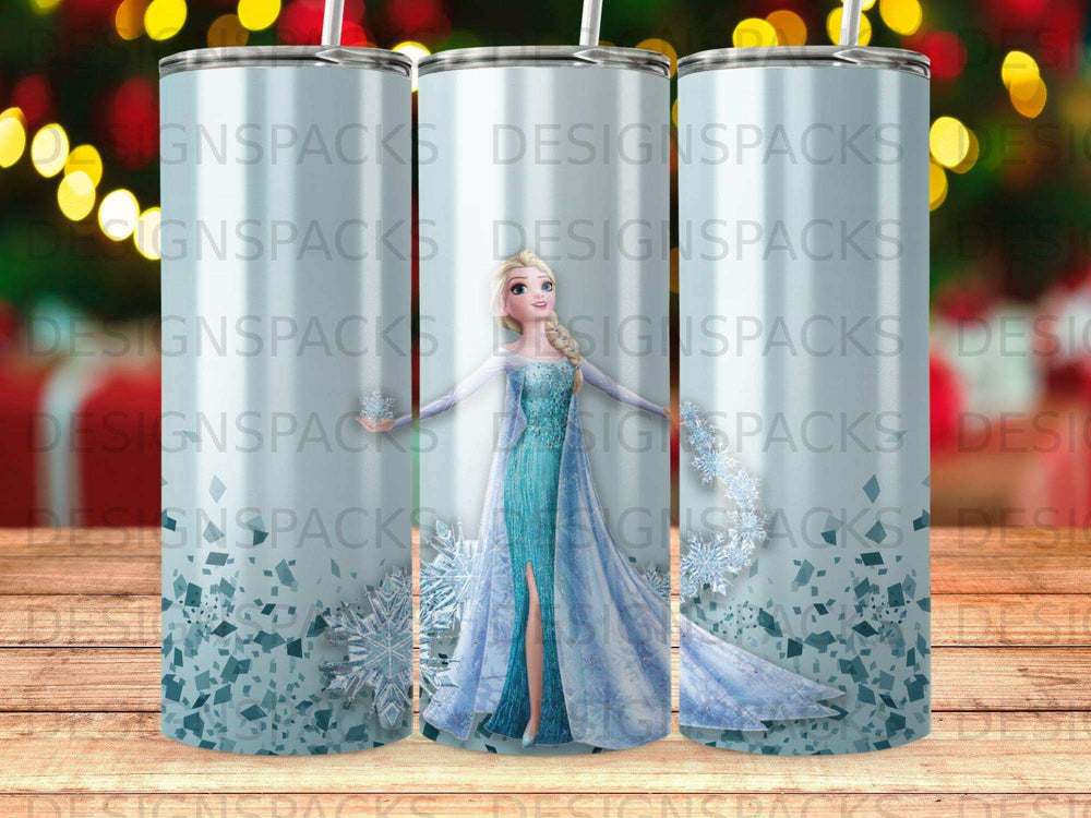 Frozen character Elsa on a blue and white snowflake patterned tumbler.