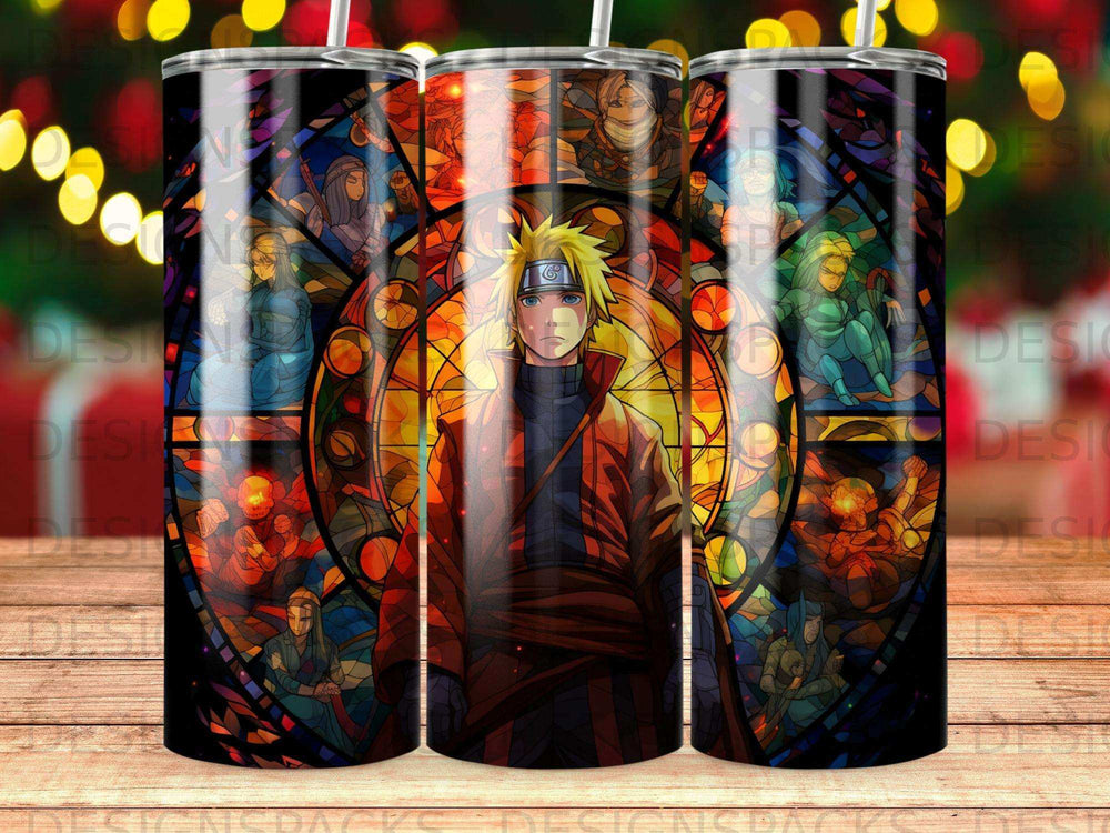 Naruto Uzumaki in a stained glass style with anime characters surrounding him.