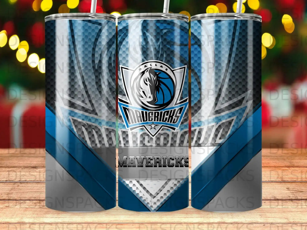 Dallas Mavericks logo on a textured blue and white tumbler.