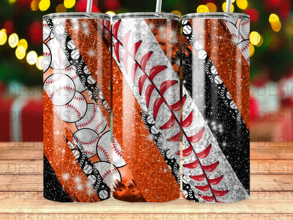 Tumbler with baseball pattern and glitter accents.