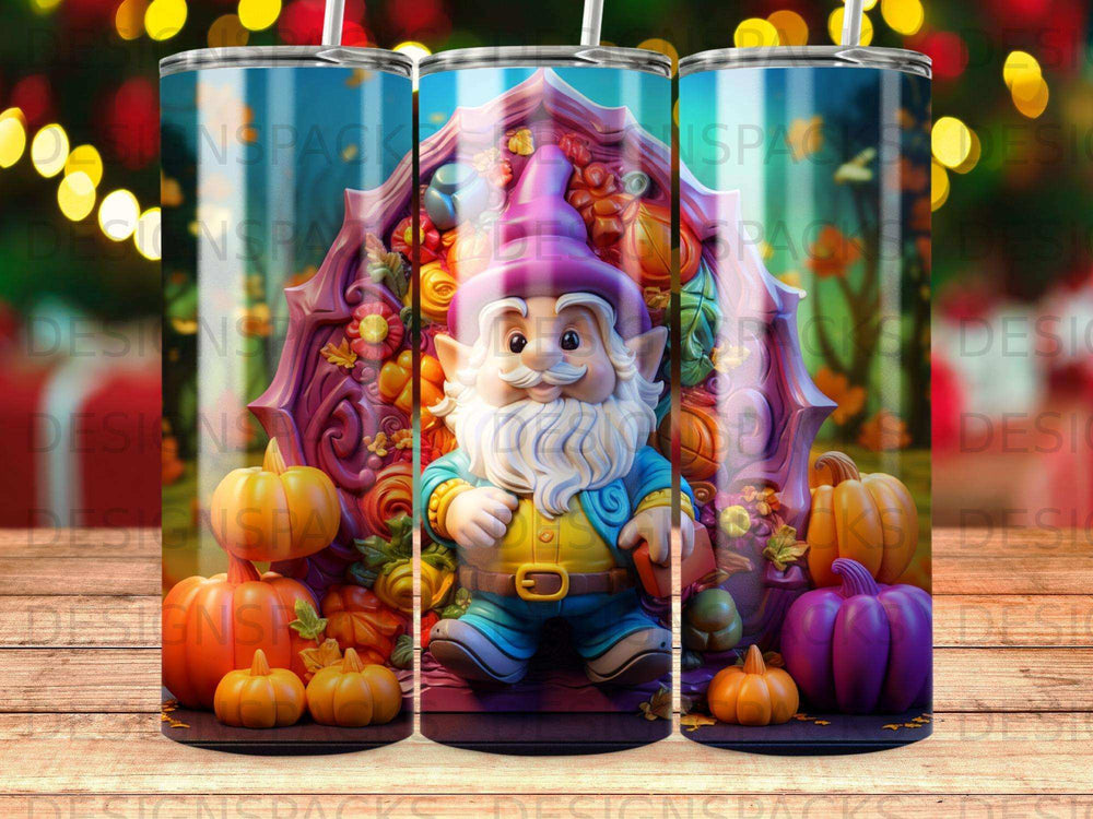 Gnome in a colorful mushroom house surrounded by pumpkins.
