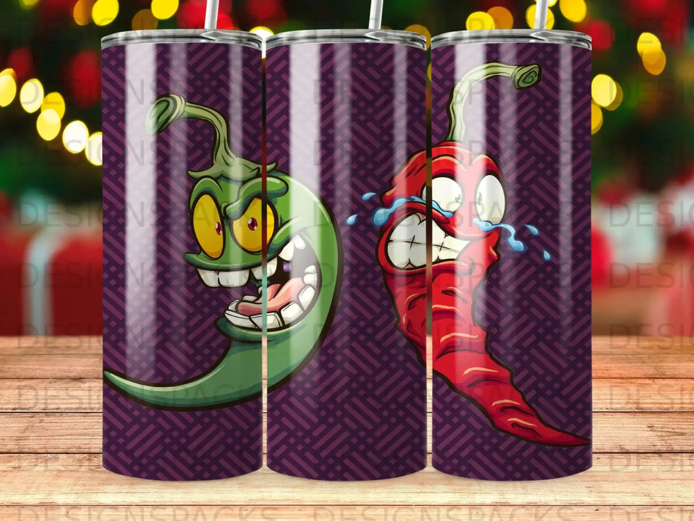 Two cartoon chili peppers, one green and one red, with distressed faces.