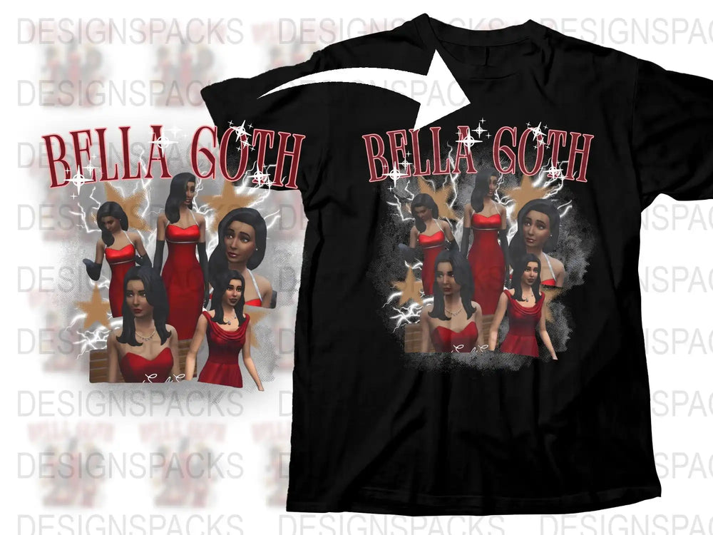 Bella Goth Fan Art T-Shirt, Sims Inspired Graphic Tee, Red Dress Goth Character, Video Game Clothing, Collectible Unisex Apparel