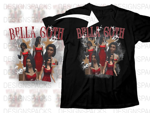 Bella Goth Fan Art T-Shirt, Sims Inspired Graphic Tee, Red Dress Goth Character, Video Game Clothing, Collectible Unisex Apparel