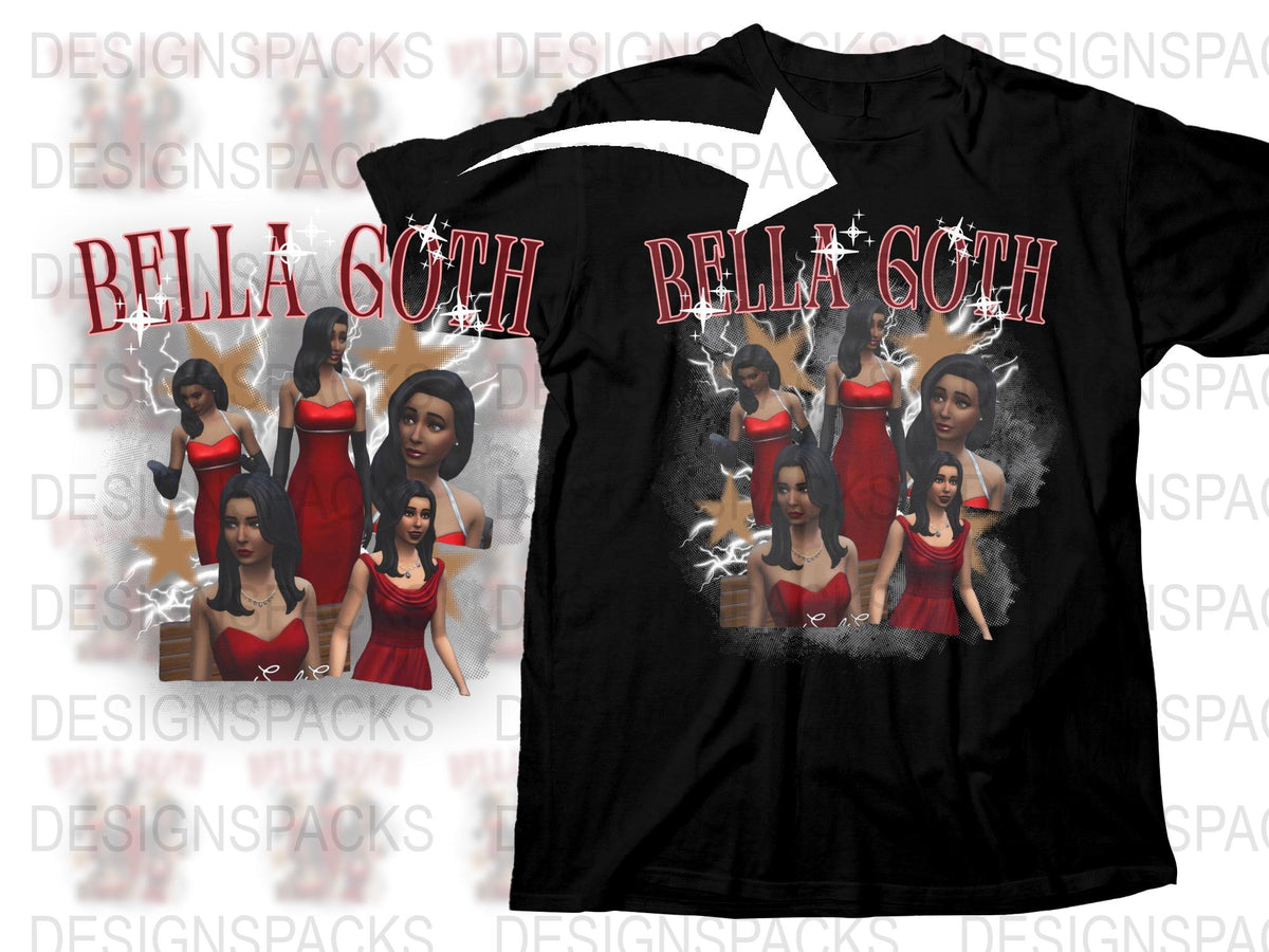 Bella Goth Fan Art T-Shirt, Sims Inspired Graphic Tee, Red Dress Goth Character, Video Game Clothing, Collectible Unisex Apparel