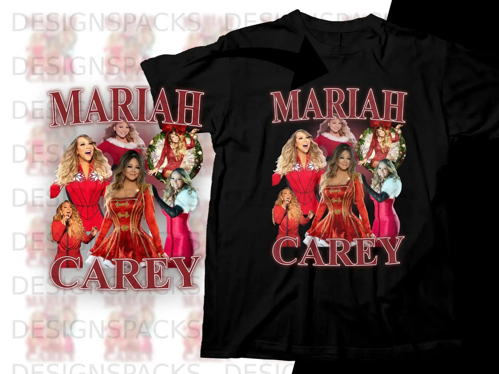Mariah Carey collage graphic on black t-shirt.