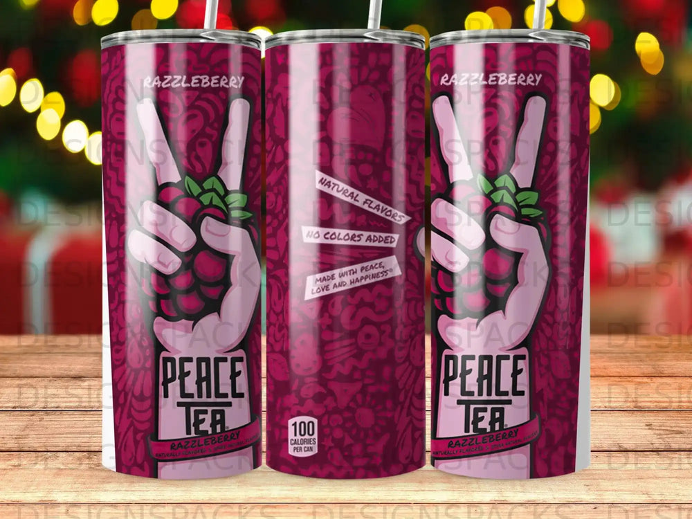 Razzleberry Peace Tea can with peace sign, berries, and calorie information.