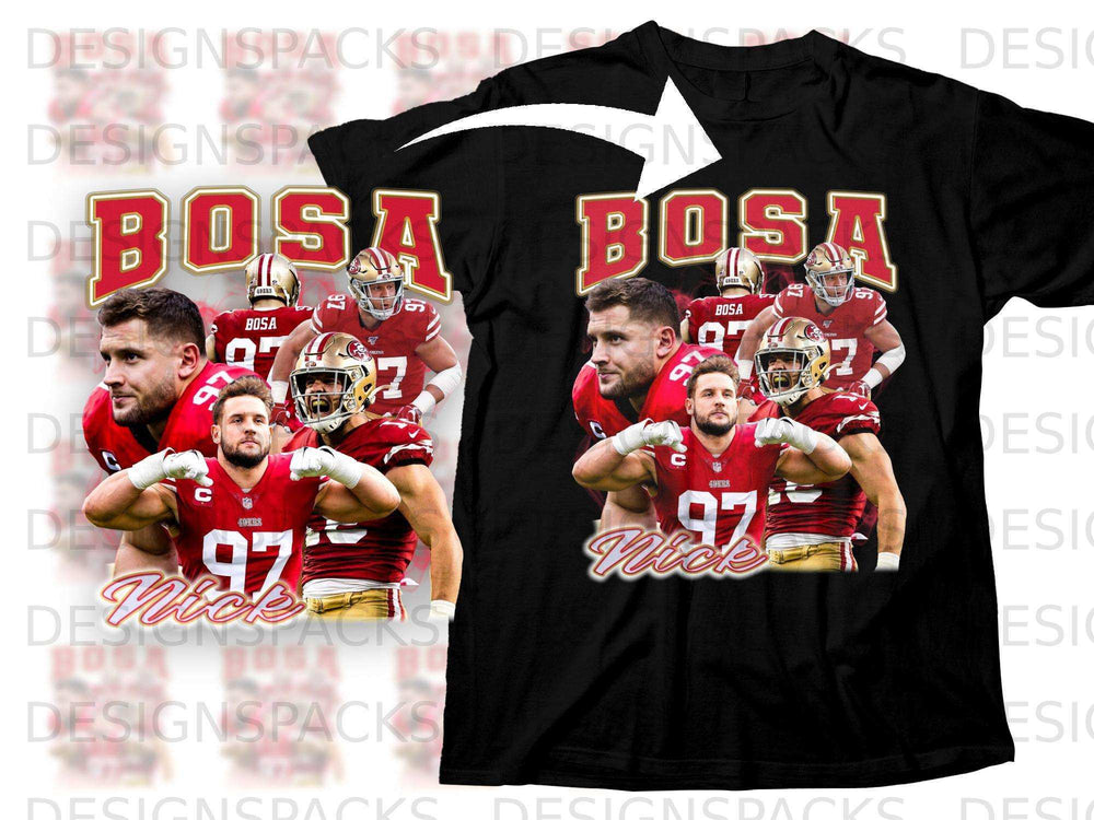 Black t-shirt featuring Nick Bosa in a red 49ers uniform with "BOSA 97" text.