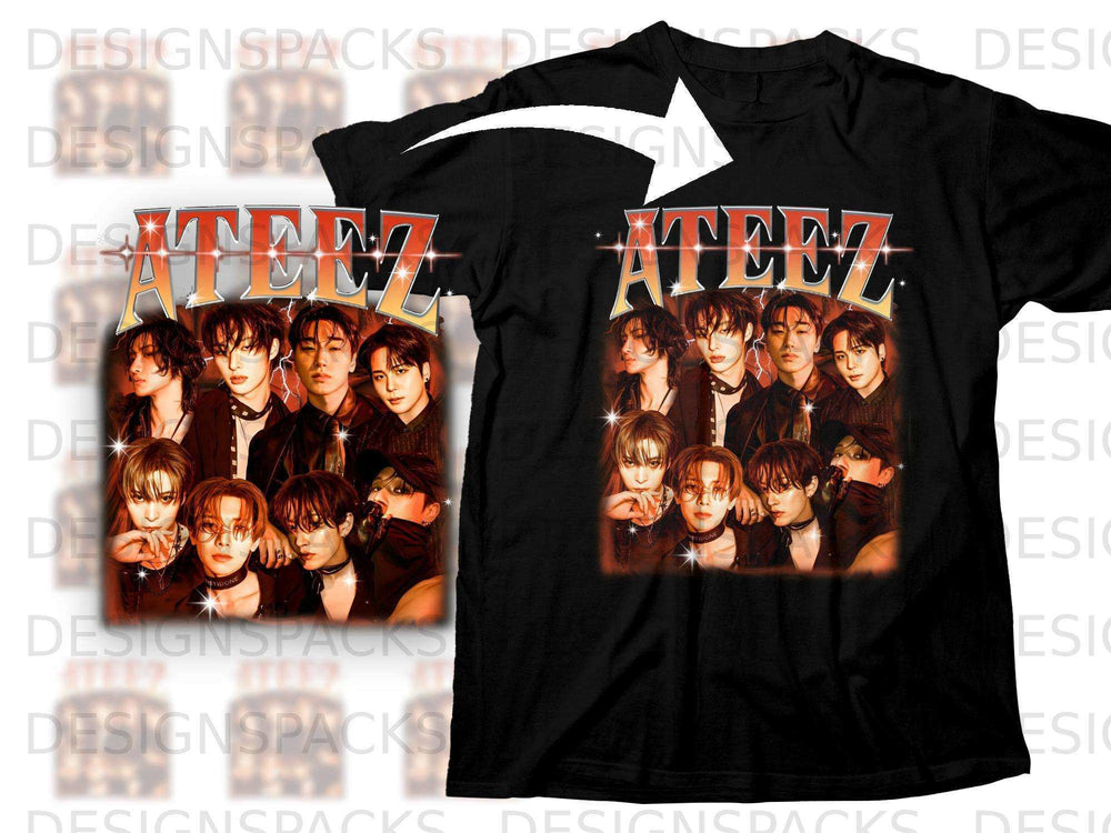 ATEEZ band members collage on a black t-shirt.