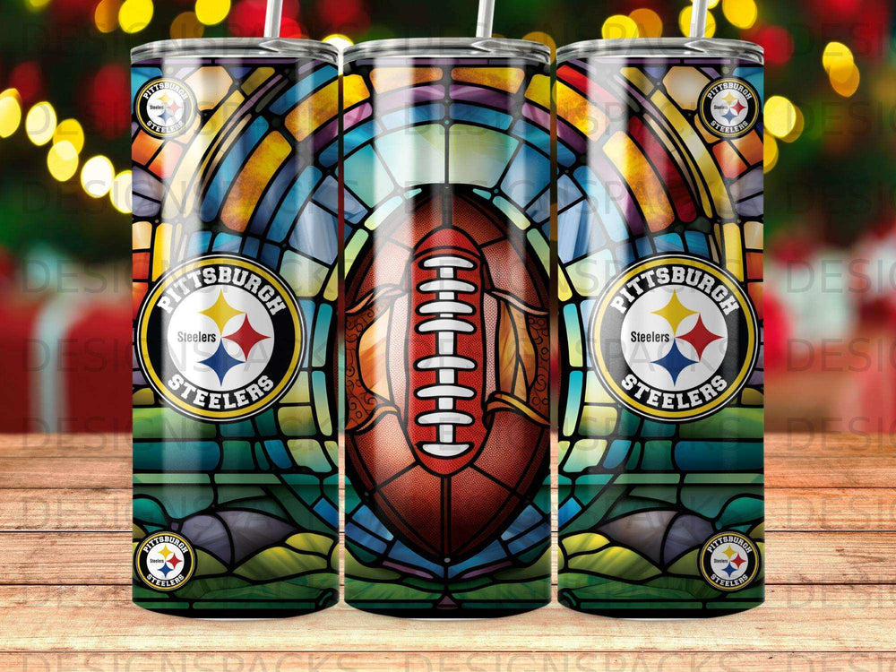 Pittsburgh Steelers football and logo design on a stained glass background.