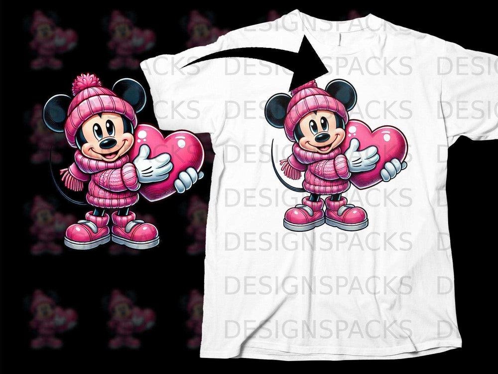 Cartoon Mouse in Winter Attire Holding Heart Artwork Tee