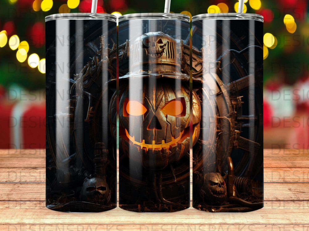 Spooky jack-o'-lantern with gears and skulls on a tumbler.