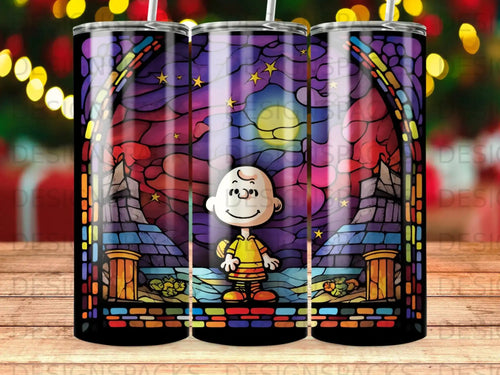 Charlie Brown in stained glass against a starry night sky.