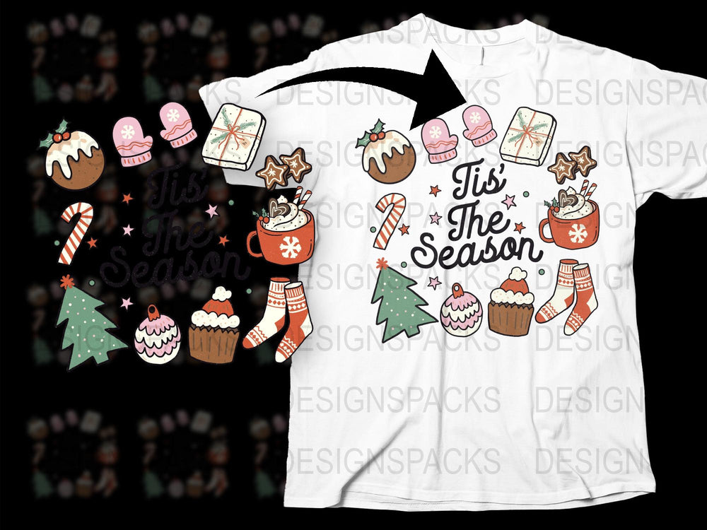 Christmas T-Shirt Cute Holiday Cupcakes Trees Gingerbread Men Festive Apparel