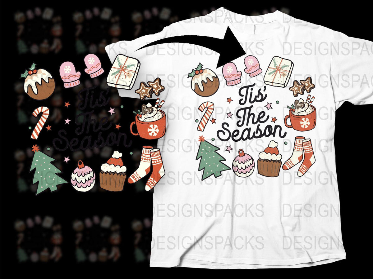 Christmas T-Shirt Cute Holiday Cupcakes Trees Gingerbread Men Festive Apparel