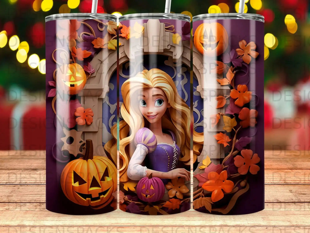 Rapunzel character with pumpkins and autumn leaves on a Halloween-themed tumbler.