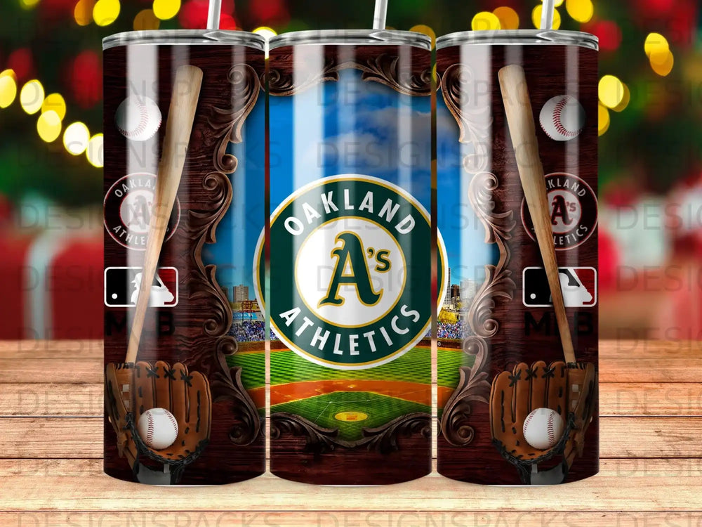Oakland Athletics logo with baseball glove and bats on stadium background.