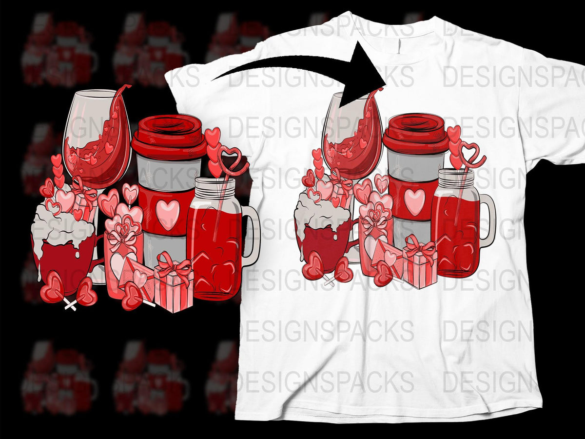 Valentine's Day T-Shirt with Red Floral Heart Mugs and Gift Boxes Design, Romantic Wear