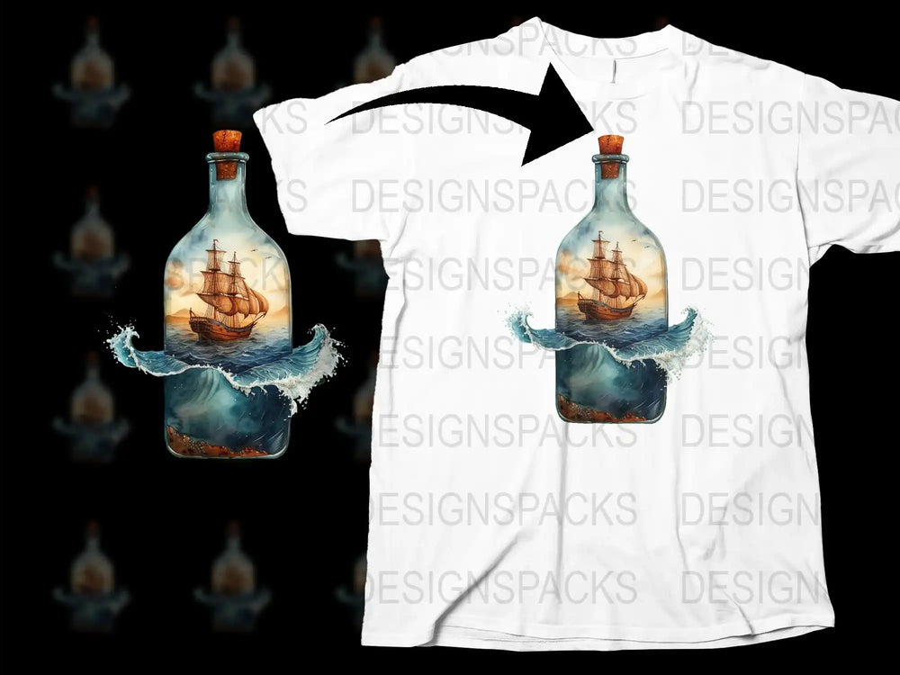 Men's Nautical T-Shirt with Ship in a Bottle Design, Ocean Waves Graphic Tee, Unique Sailor Gift