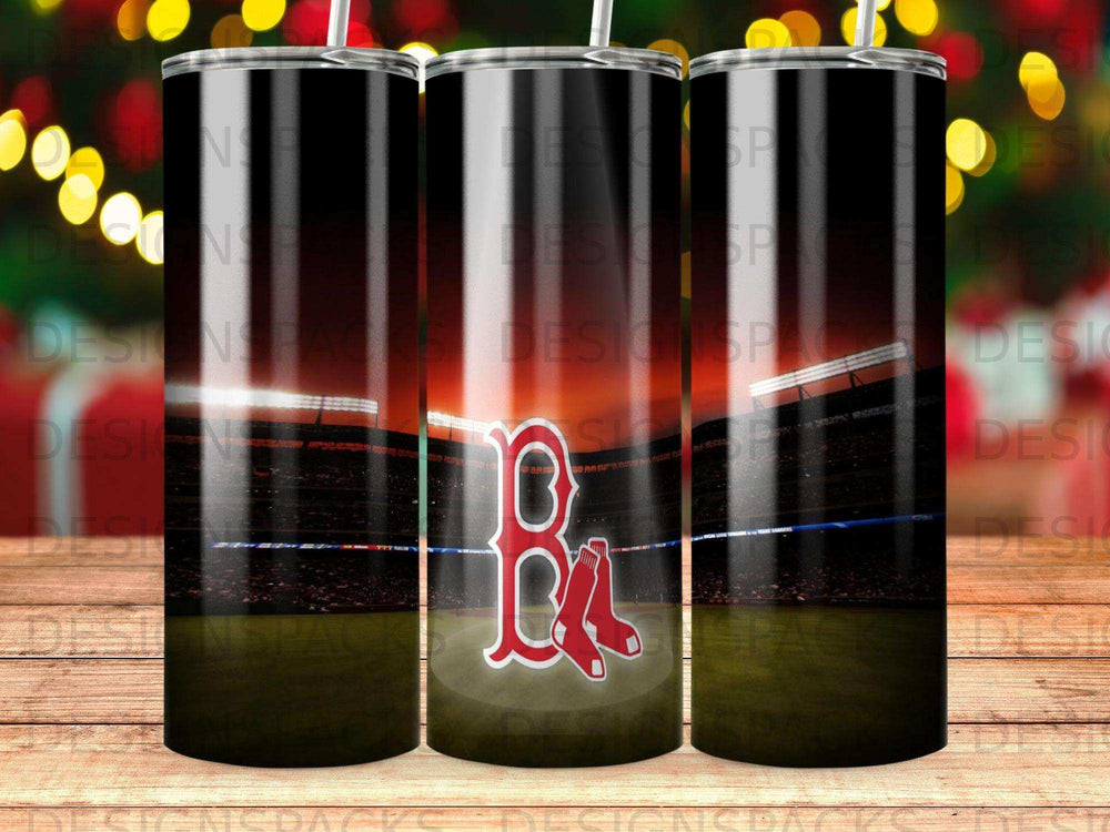 Red Sox logo on a tumbler with stadium background.