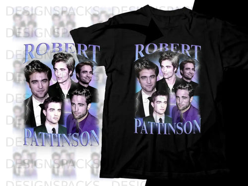T-shirt with collage of Robert Pattinson photos and name.