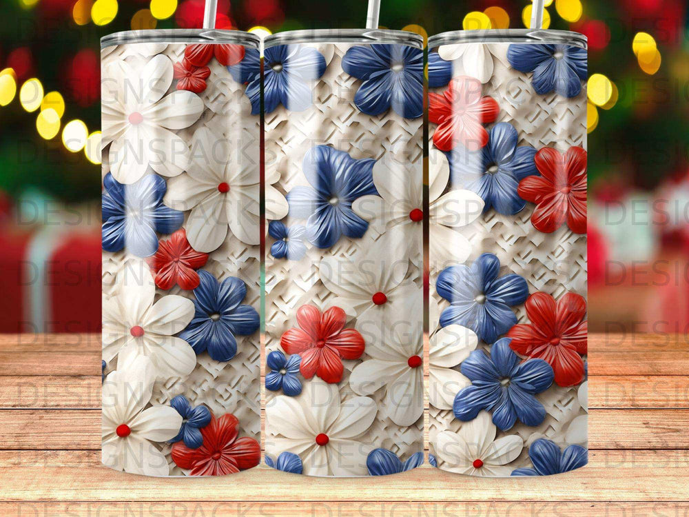 Red, white, and blue flowers with raised textured background on tumbler.