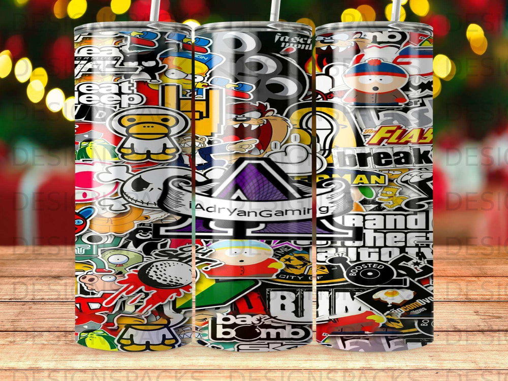 Collage of cartoon characters and logos on a tumbler.