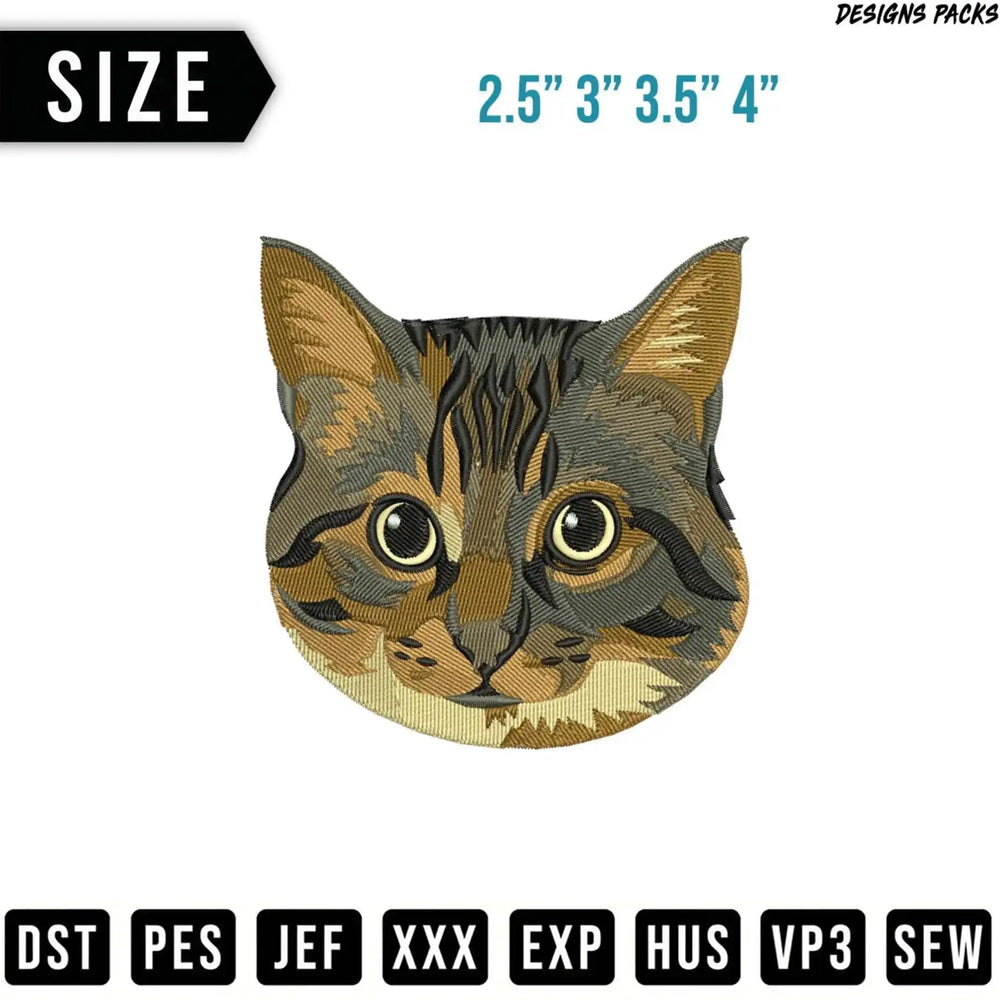 Embroidery design of a tabby cat's face with size options.