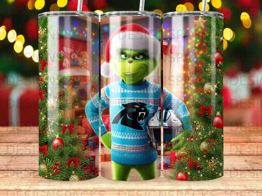 The Grinch in a Carolina Panthers sweater holds a helmet, surrounded by Christmas decorations.
