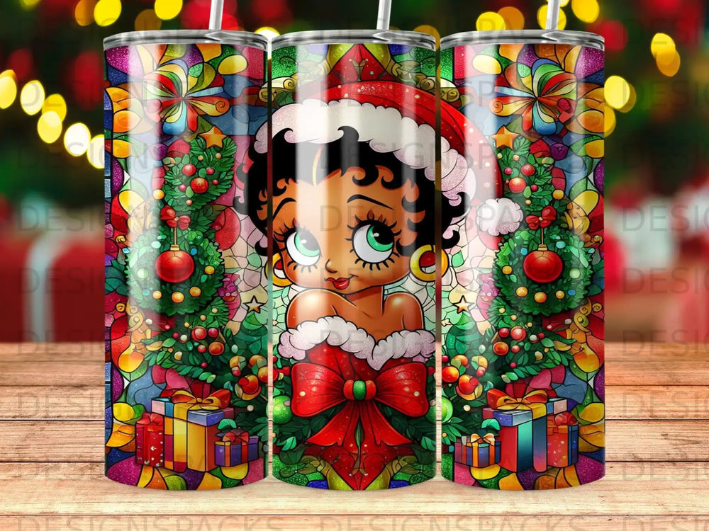Betty Boop in Santa hat with Christmas trees, gifts, and colorful stained-glass pattern.